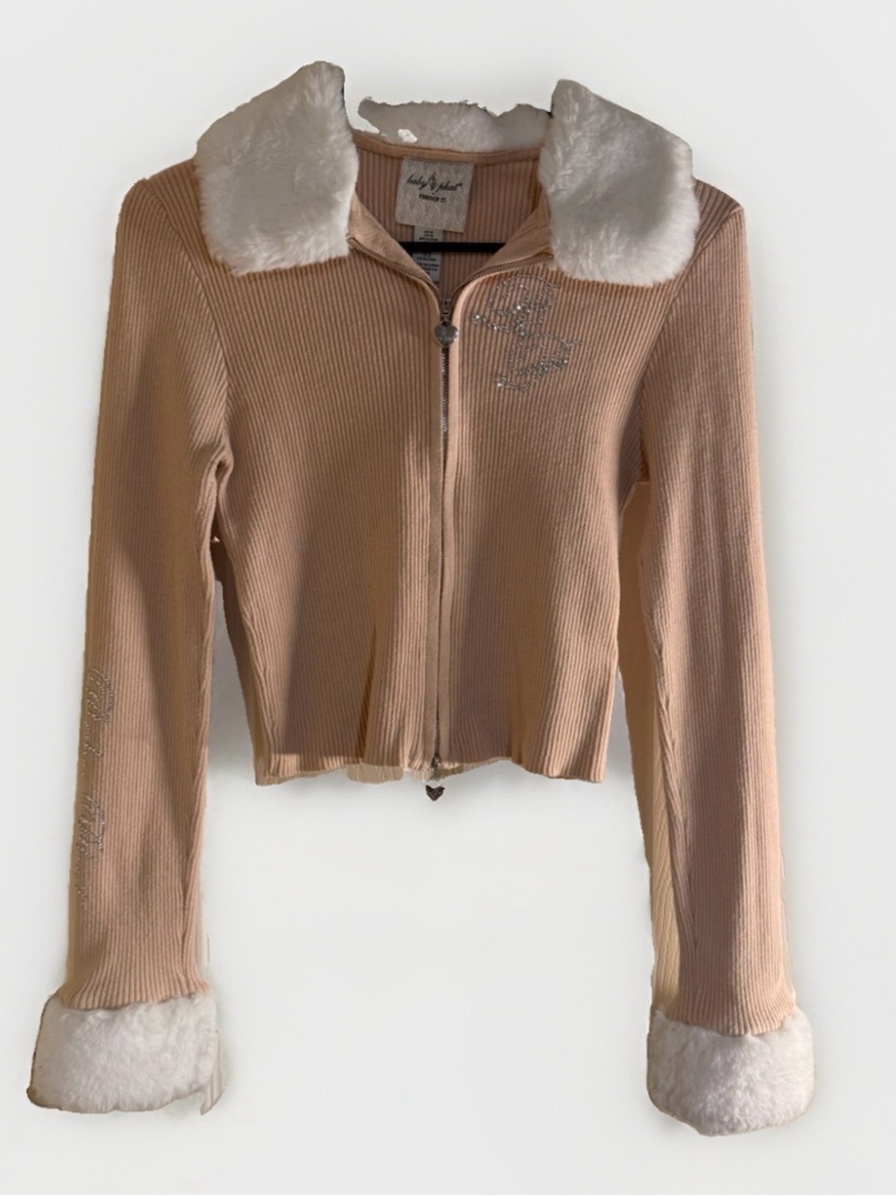 Baby Phat x Forever 21 Pink Ribbed Faux Fur Trim Zip Up Cardigan Rhinestone M